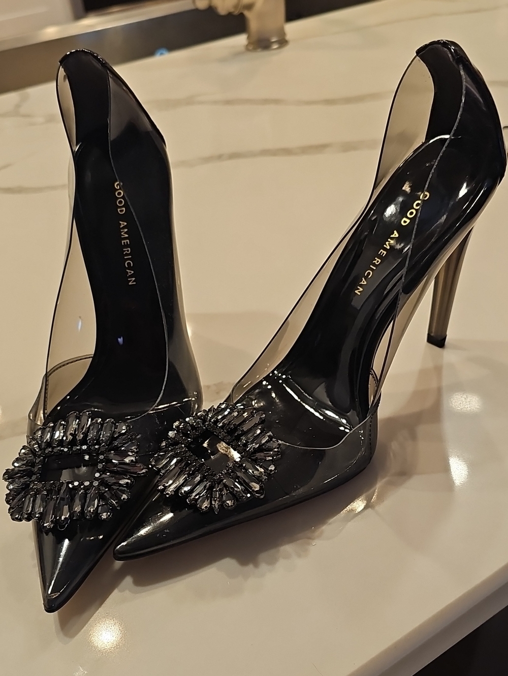 Good American Black Pointed Crystal-Embellished PVC Pumps